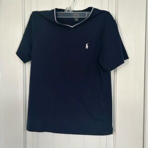V neck t shirt kids polo navy and white size medium in preloved condition